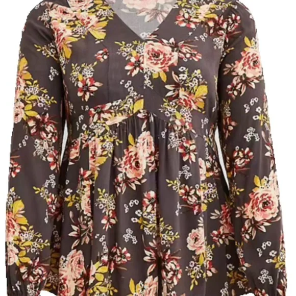 torrid Brown Floral V-Neck Long Sleeve Tunic - Picture 1 of 4